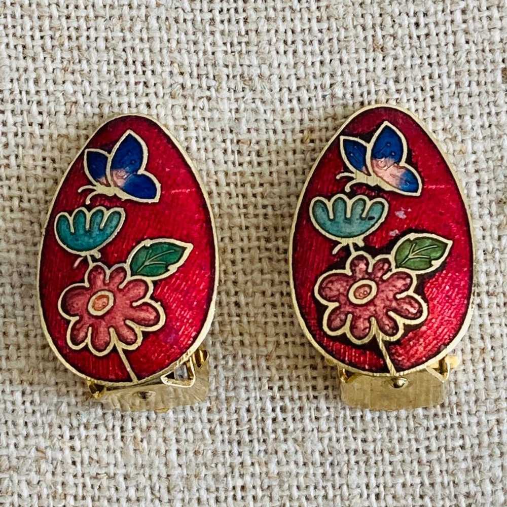 Vintage red cloisonné butterfly flower clip on Ea… - image 1