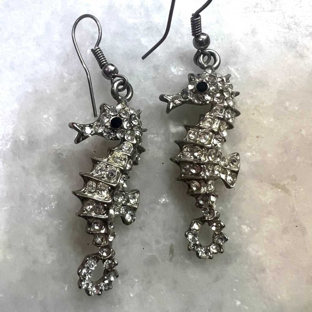 Rhinestone Dangling Seahorse Earrings - image 1