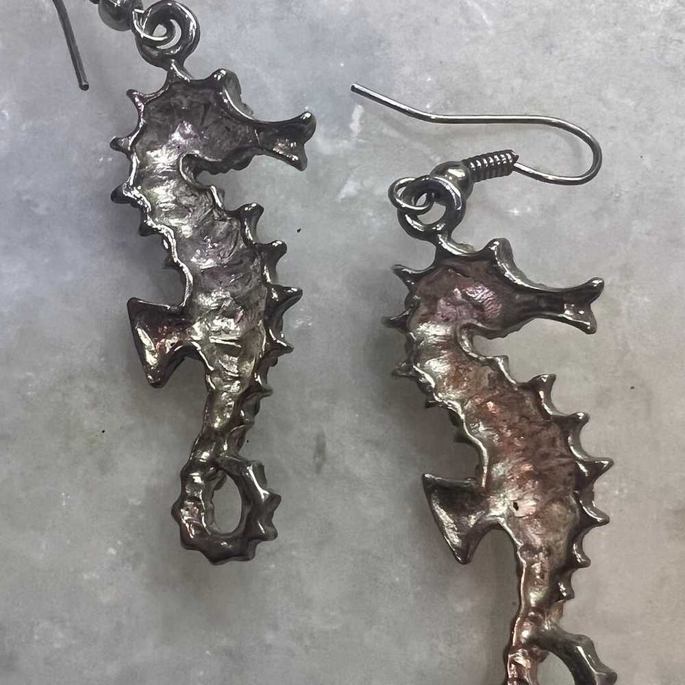 Rhinestone Dangling Seahorse Earrings - image 3