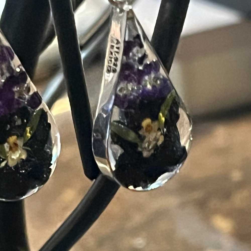 Vintage Sterling 925 resin dried flower drop earr… - image 6