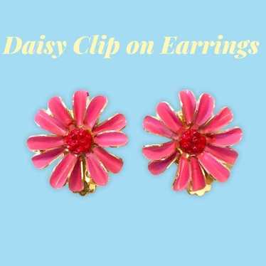 VTG pink daisy clip on earrings - image 1