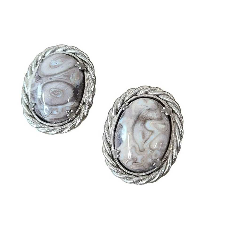 Vintage Natural Stone Cabochon Silver-tone Oval G… - image 1