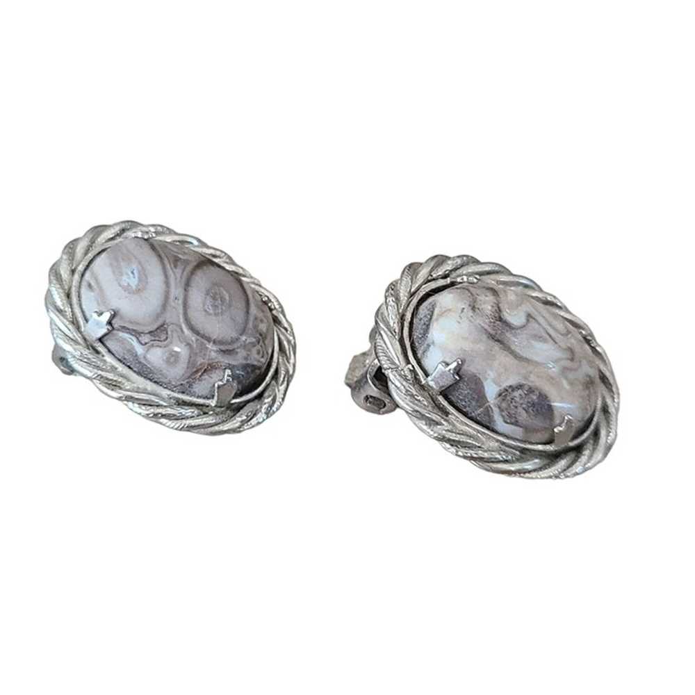 Vintage Natural Stone Cabochon Silver-tone Oval G… - image 5