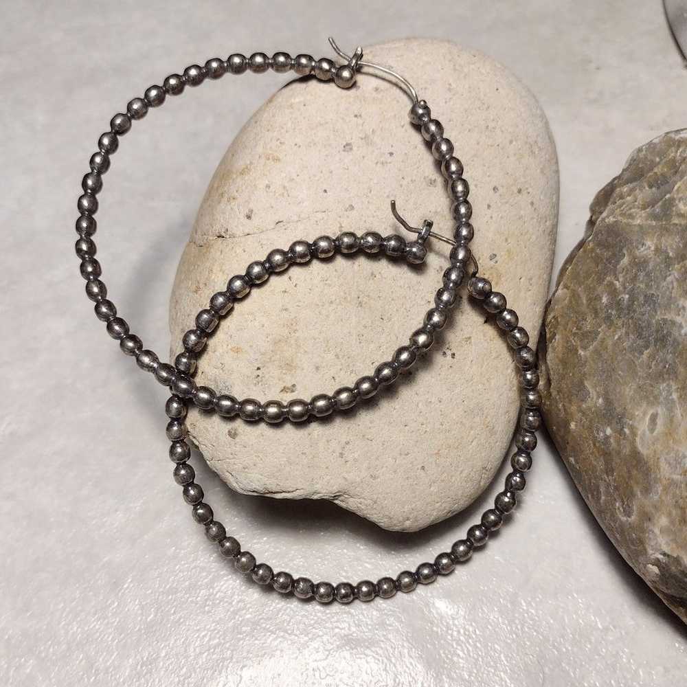 3" Vintage Silver tone Ball Bead Big Hoop Dangle … - image 3