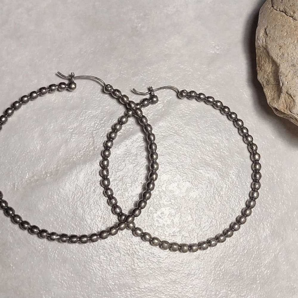 3" Vintage Silver tone Ball Bead Big Hoop Dangle … - image 7