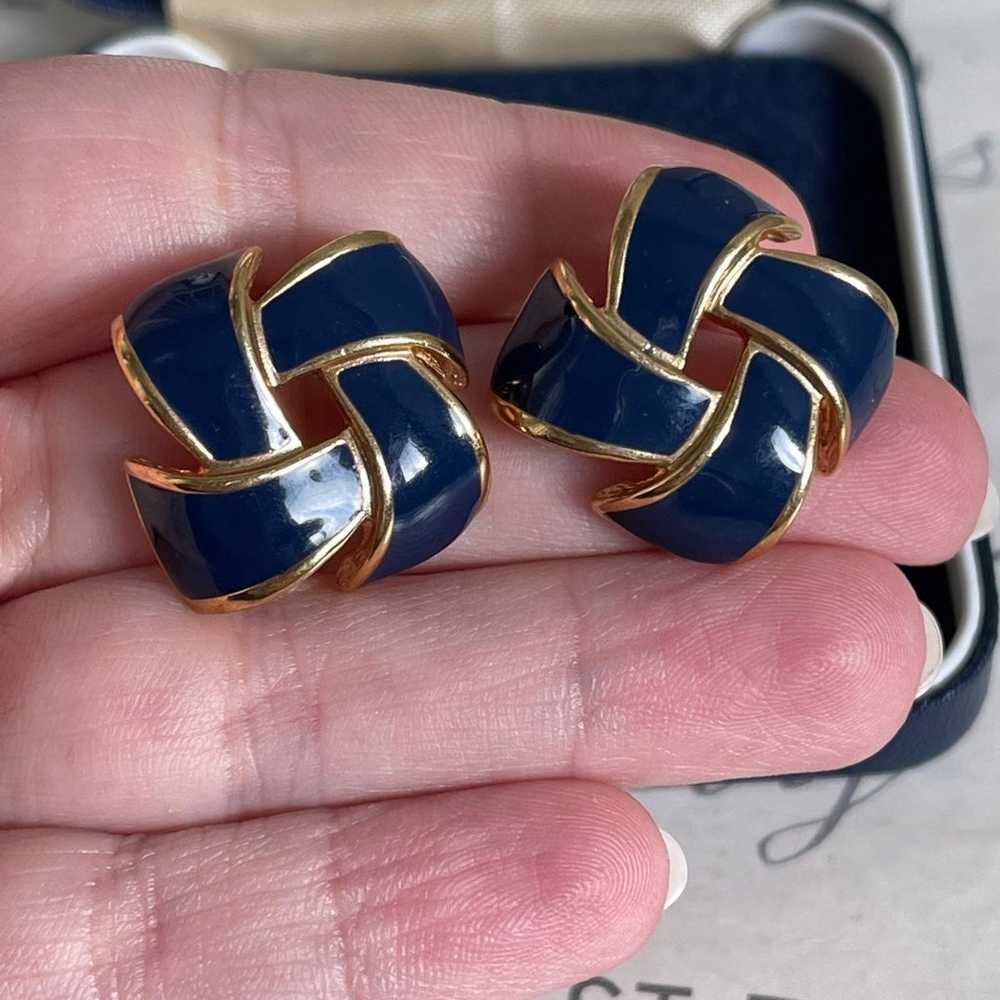 Vintage earrings navy blue & gold metal - image 10