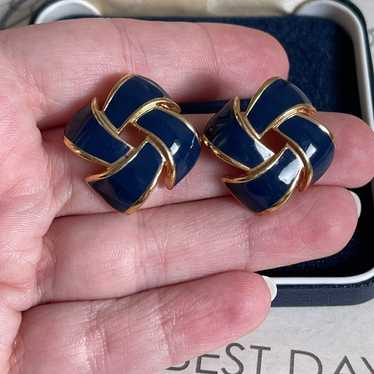 Vintage earrings navy blue & gold metal - image 1