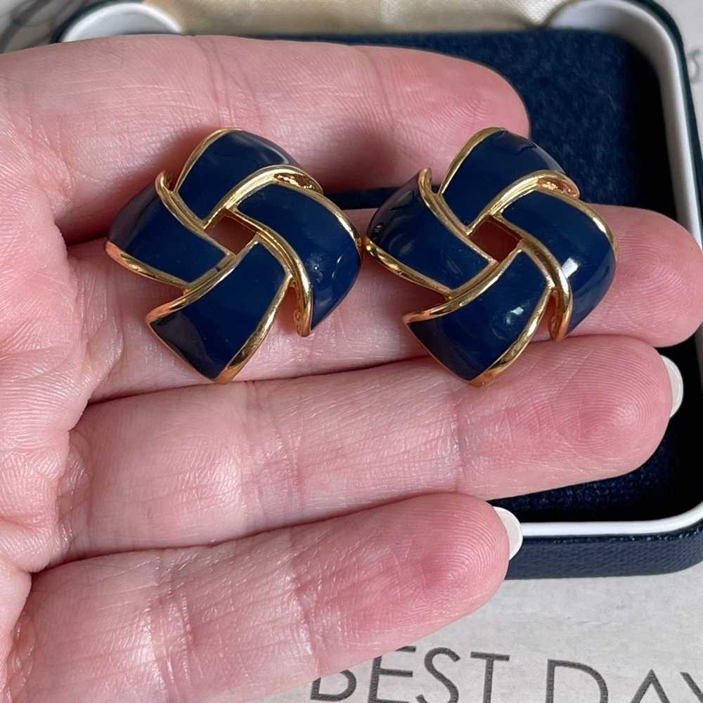 Vintage earrings navy blue & gold metal - image 2