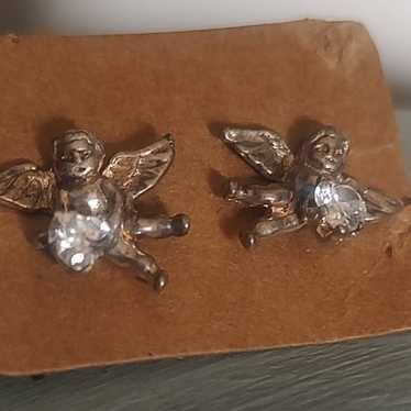 Vintage Sterling Silver Heart Cz Cherub Angel Stu… - image 1