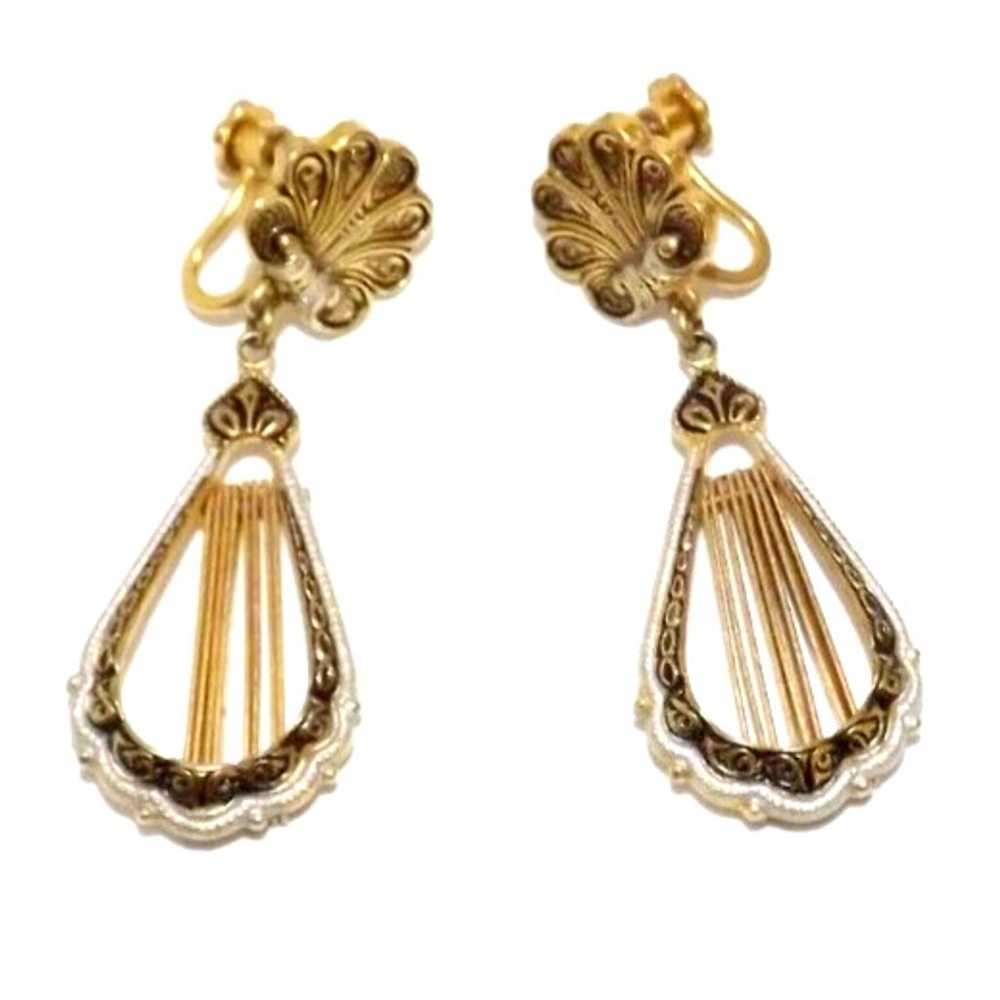 Vintage Damascene Gold Plate Earrings Tassel Scre… - image 1