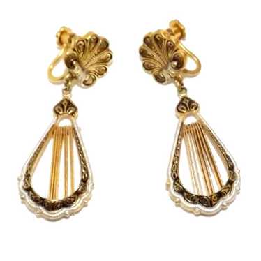 Vintage Damascene Gold Plate Earrings Tassel Scre… - image 1