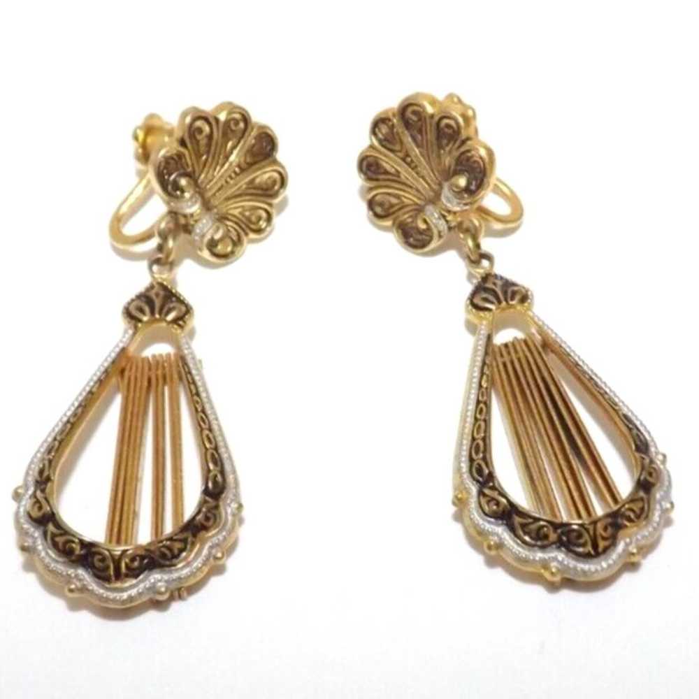 Vintage Damascene Gold Plate Earrings Tassel Scre… - image 2