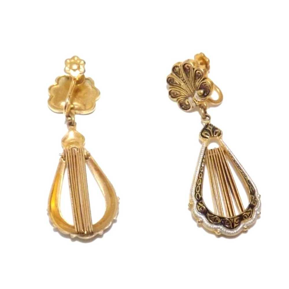 Vintage Damascene Gold Plate Earrings Tassel Scre… - image 3