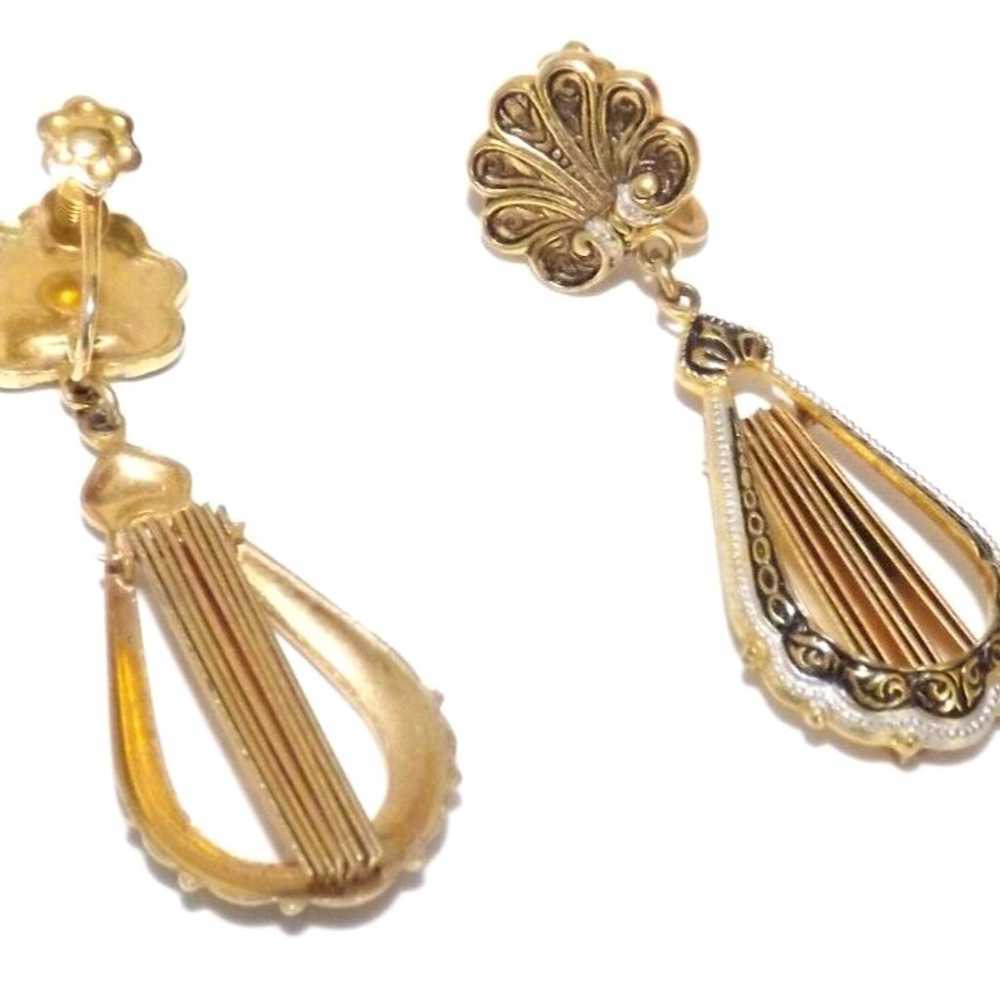 Vintage Damascene Gold Plate Earrings Tassel Scre… - image 4