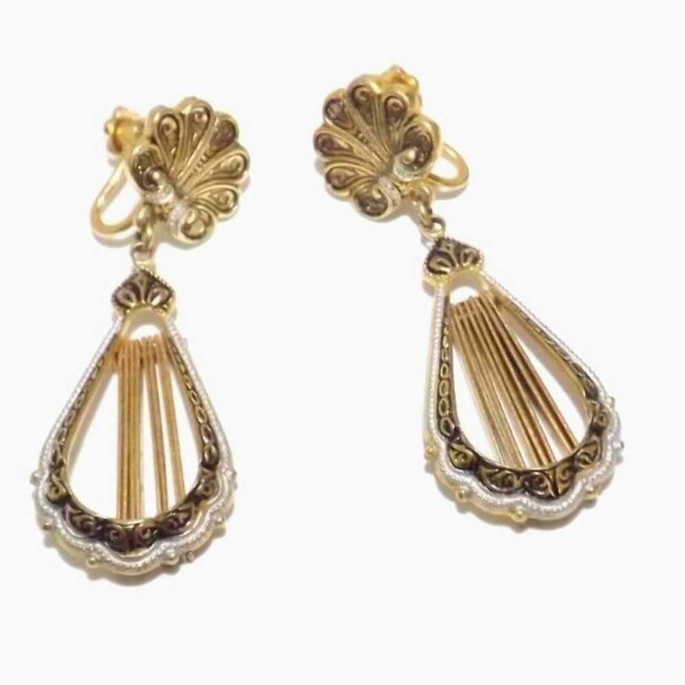 Vintage Damascene Gold Plate Earrings Tassel Scre… - image 5