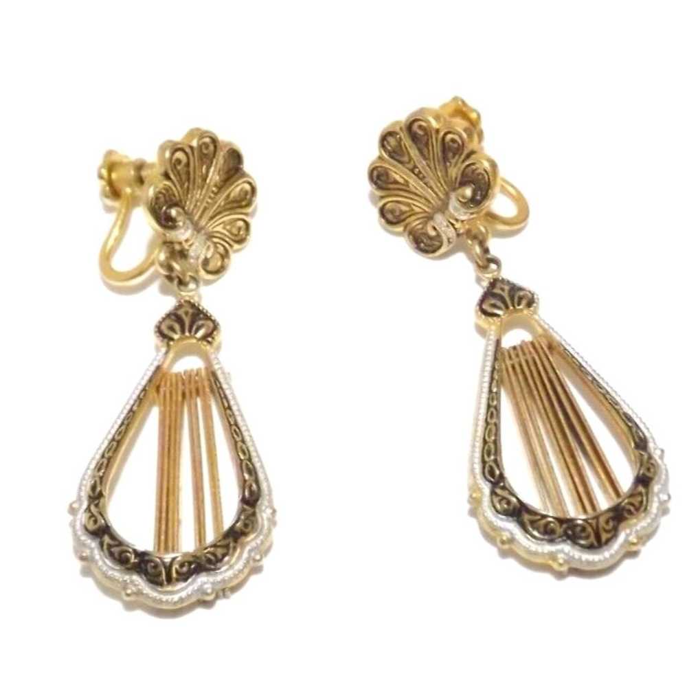 Vintage Damascene Gold Plate Earrings Tassel Scre… - image 7