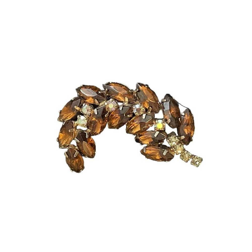 Vintage Rhinestone Amber And Gold Tone 2.3” Leaf … - image 1