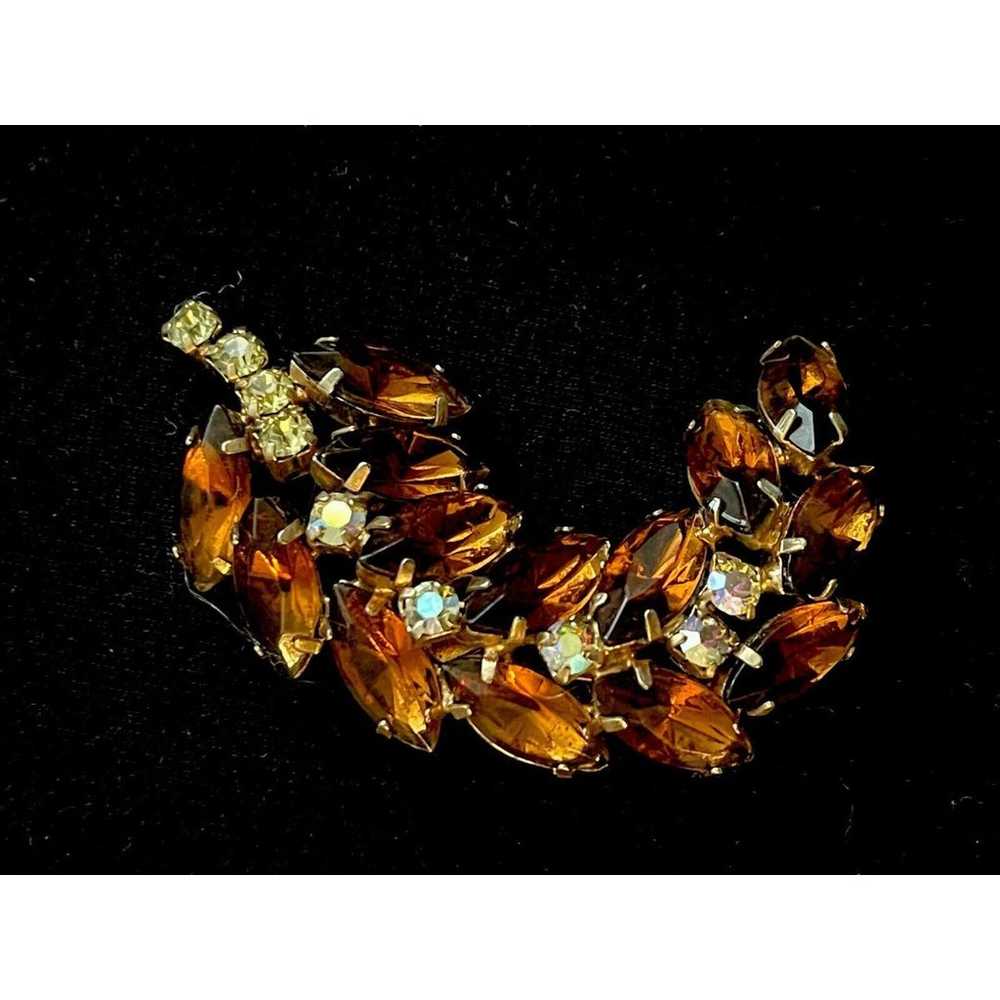 Vintage Rhinestone Amber And Gold Tone 2.3” Leaf … - image 2