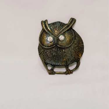 Owl Brown Round Metal Brooch Pin Vintage 2"  Rhin… - image 1