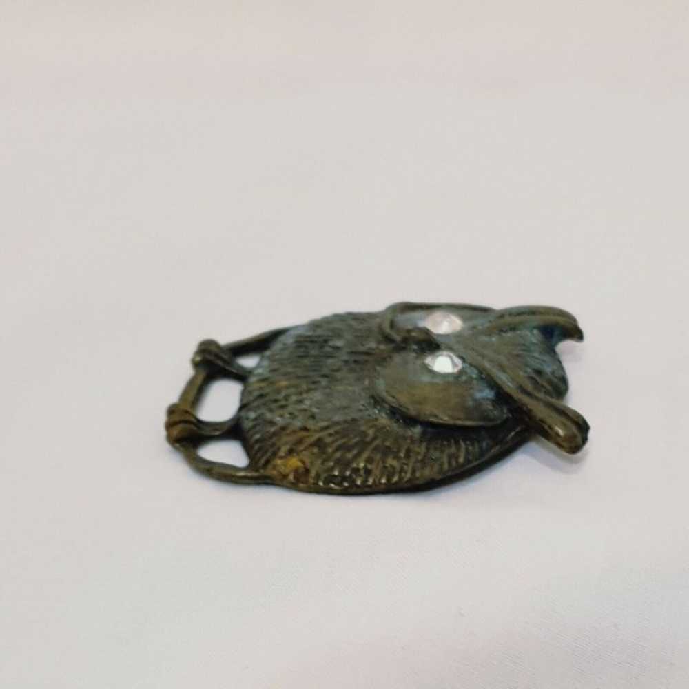 Owl Brown Round Metal Brooch Pin Vintage 2"  Rhin… - image 5