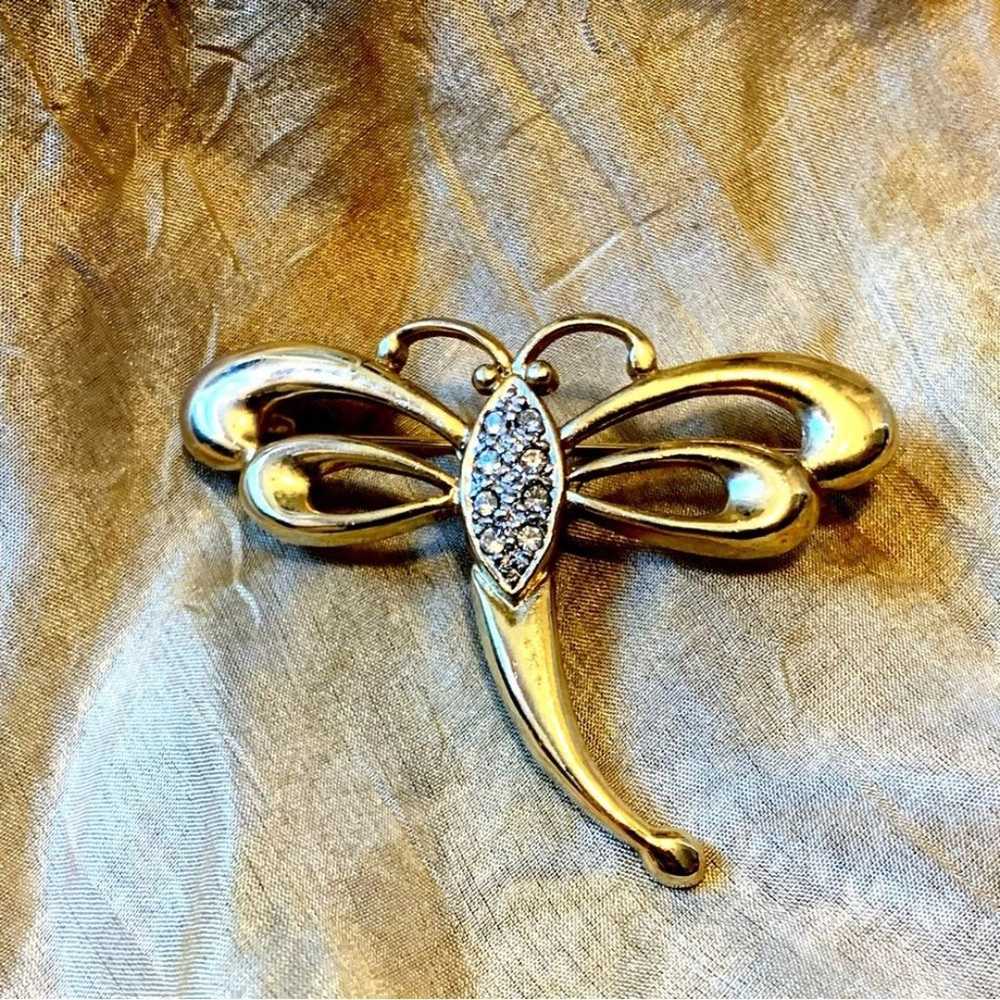 Vintage Signed Dragonfly Pin with Gold Metal and … - image 1