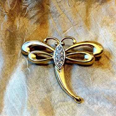 Vintage Signed Dragonfly Pin with Gold Metal and … - image 1