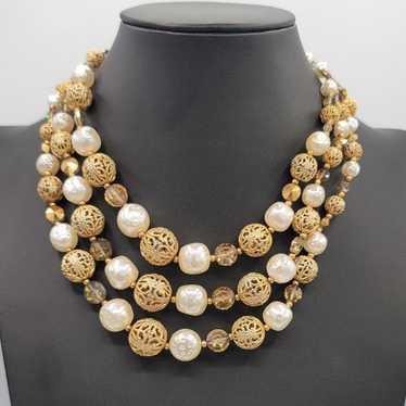 Vintage Three Strand Pearl Austrian Crystal Neckl… - image 1