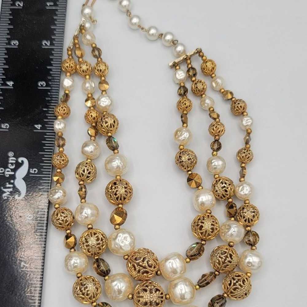 Vintage Three Strand Pearl Austrian Crystal Neckl… - image 4