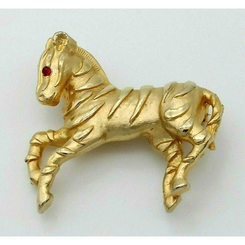 Vintage Zebra Brooch Pin Gold Tone Metal Shiny Re… - image 2