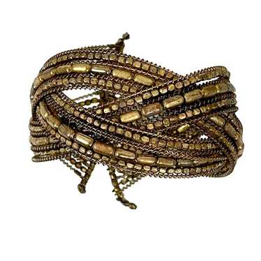 Vintage Beaded Braided Wire Cuff Bracelet Bronze … - image 1