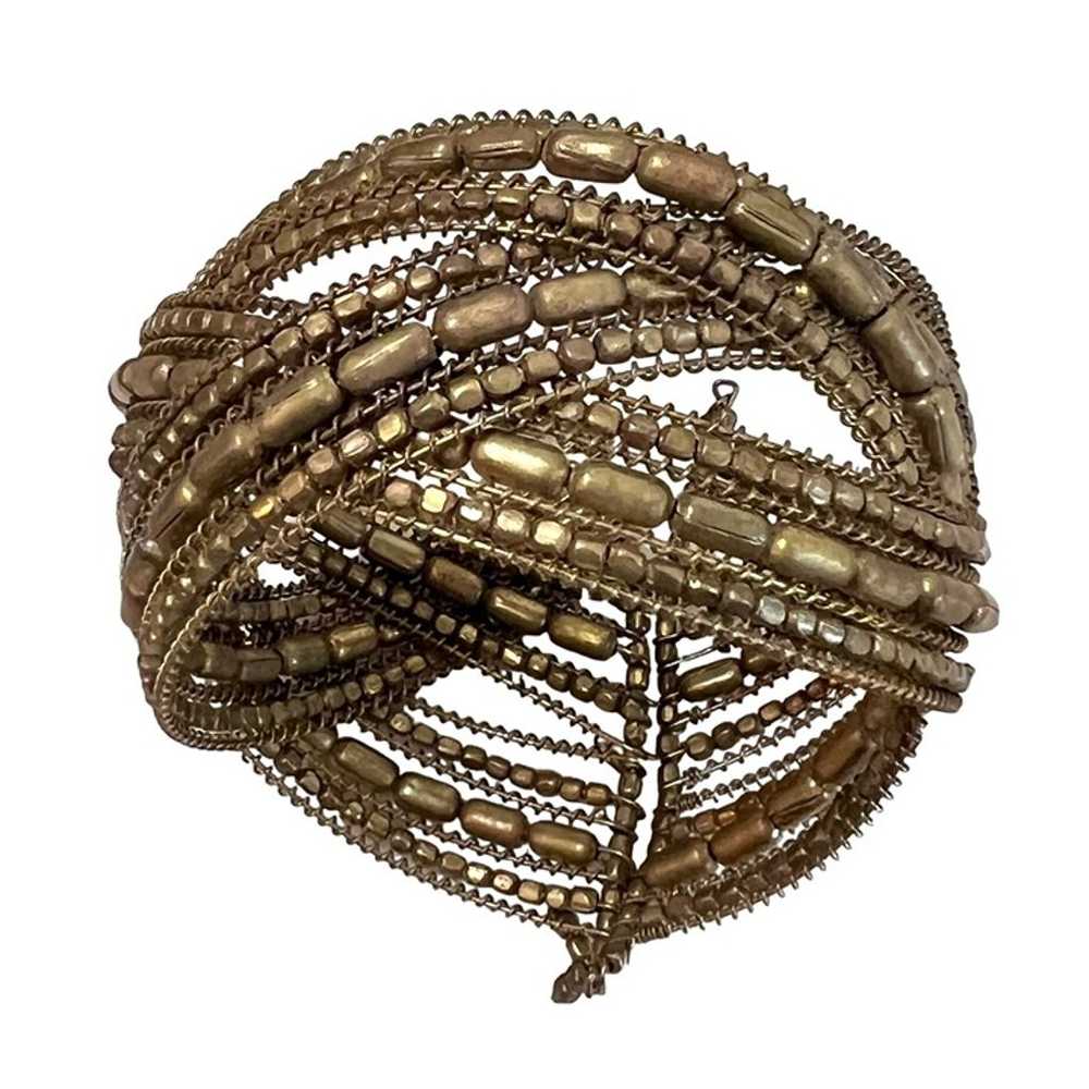 Vintage Beaded Braided Wire Cuff Bracelet Bronze … - image 2