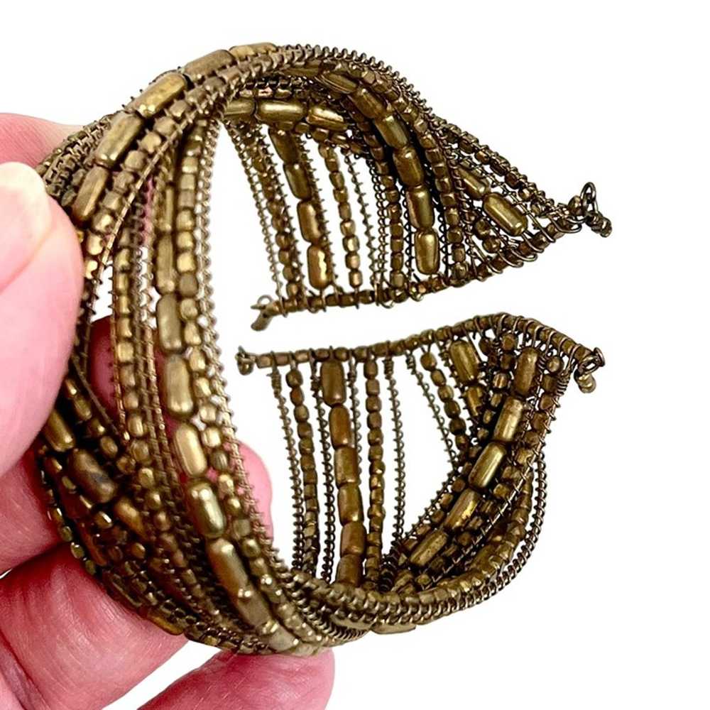 Vintage Beaded Braided Wire Cuff Bracelet Bronze … - image 3