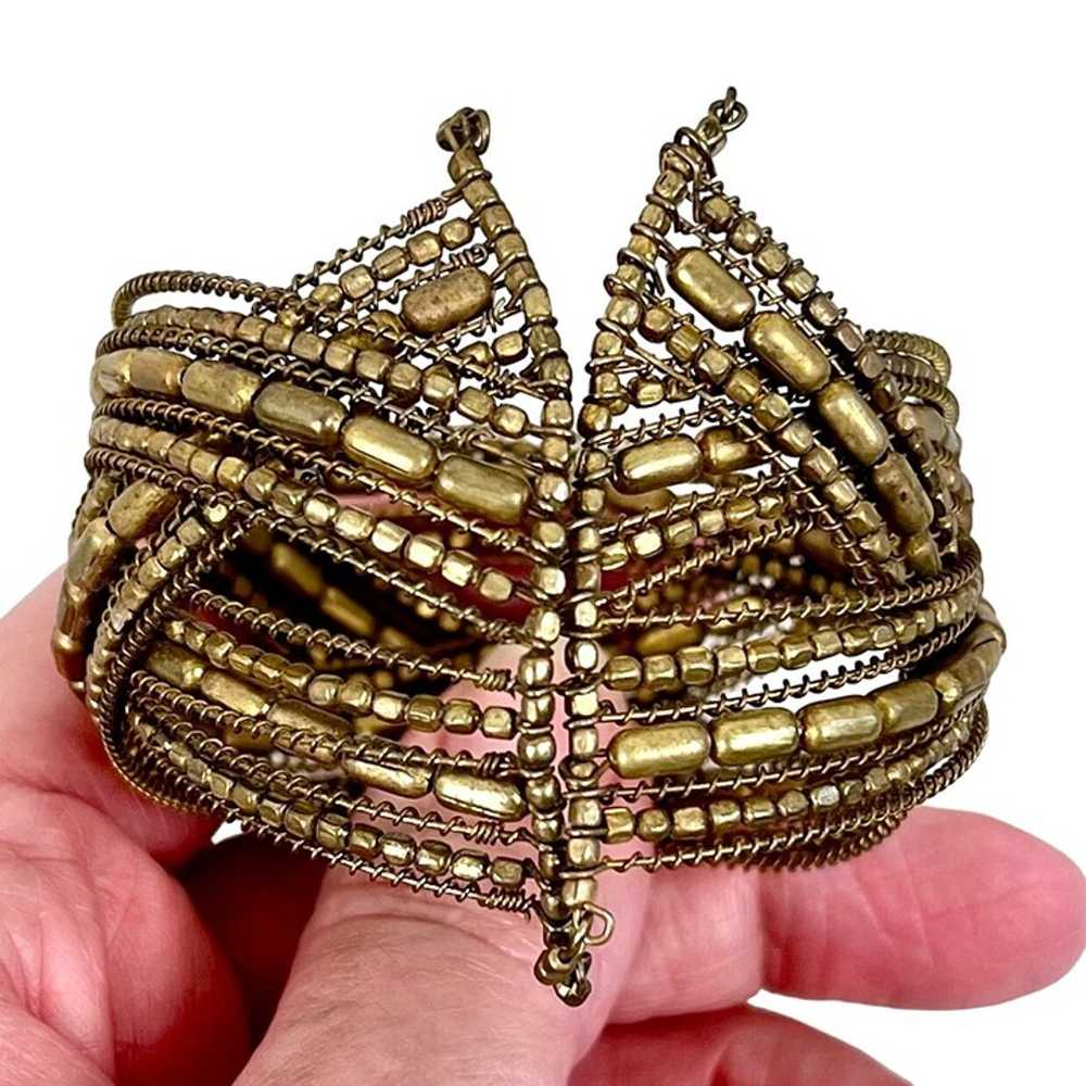 Vintage Beaded Braided Wire Cuff Bracelet Bronze … - image 4