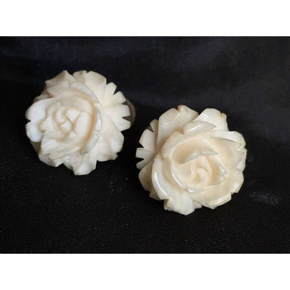 Vintage Carved Rose Flower Screw Back Earrings By… - image 1