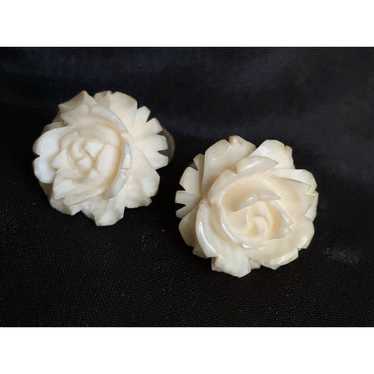 Vintage Carved Rose Flower Screw Back Earrings By… - image 1