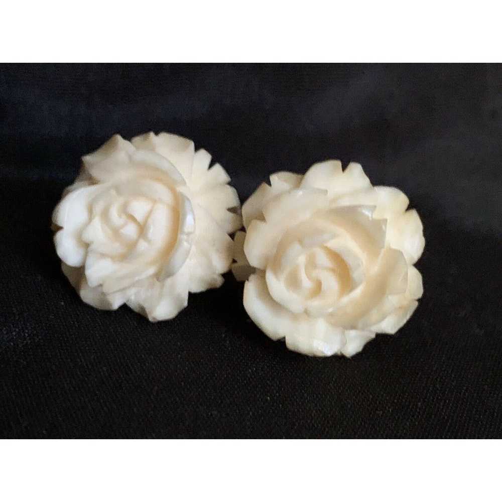 Vintage Carved Rose Flower Screw Back Earrings By… - image 2