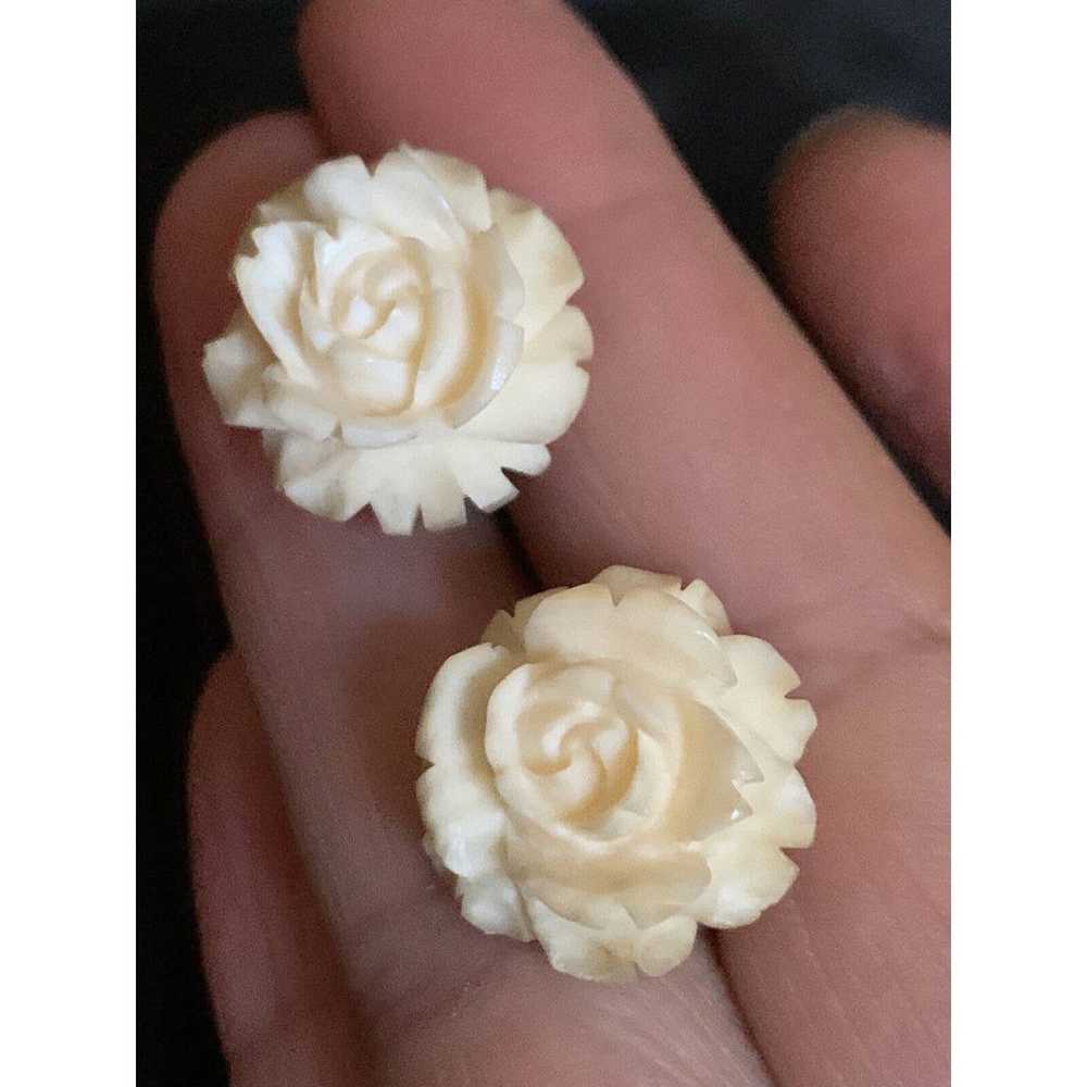 Vintage Carved Rose Flower Screw Back Earrings By… - image 3