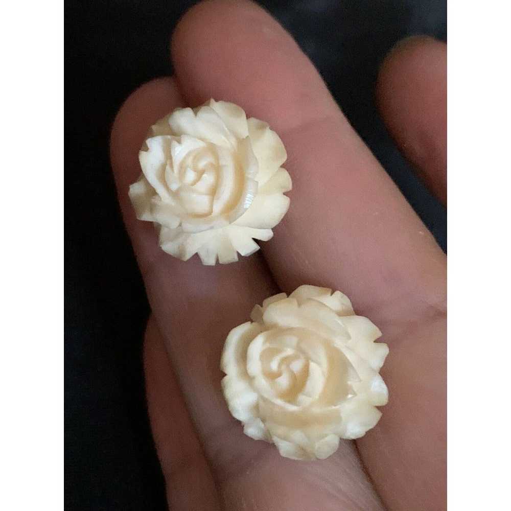 Vintage Carved Rose Flower Screw Back Earrings By… - image 6