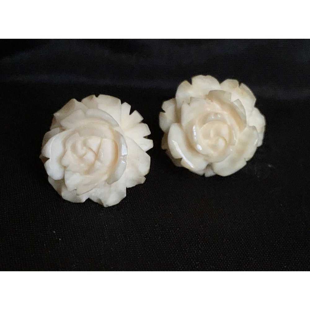 Vintage Carved Rose Flower Screw Back Earrings By… - image 7