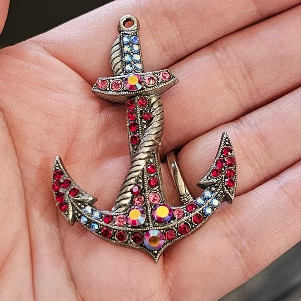 Vintage AB Red Rhinestone Anchor Pendant Brooch 2… - image 2