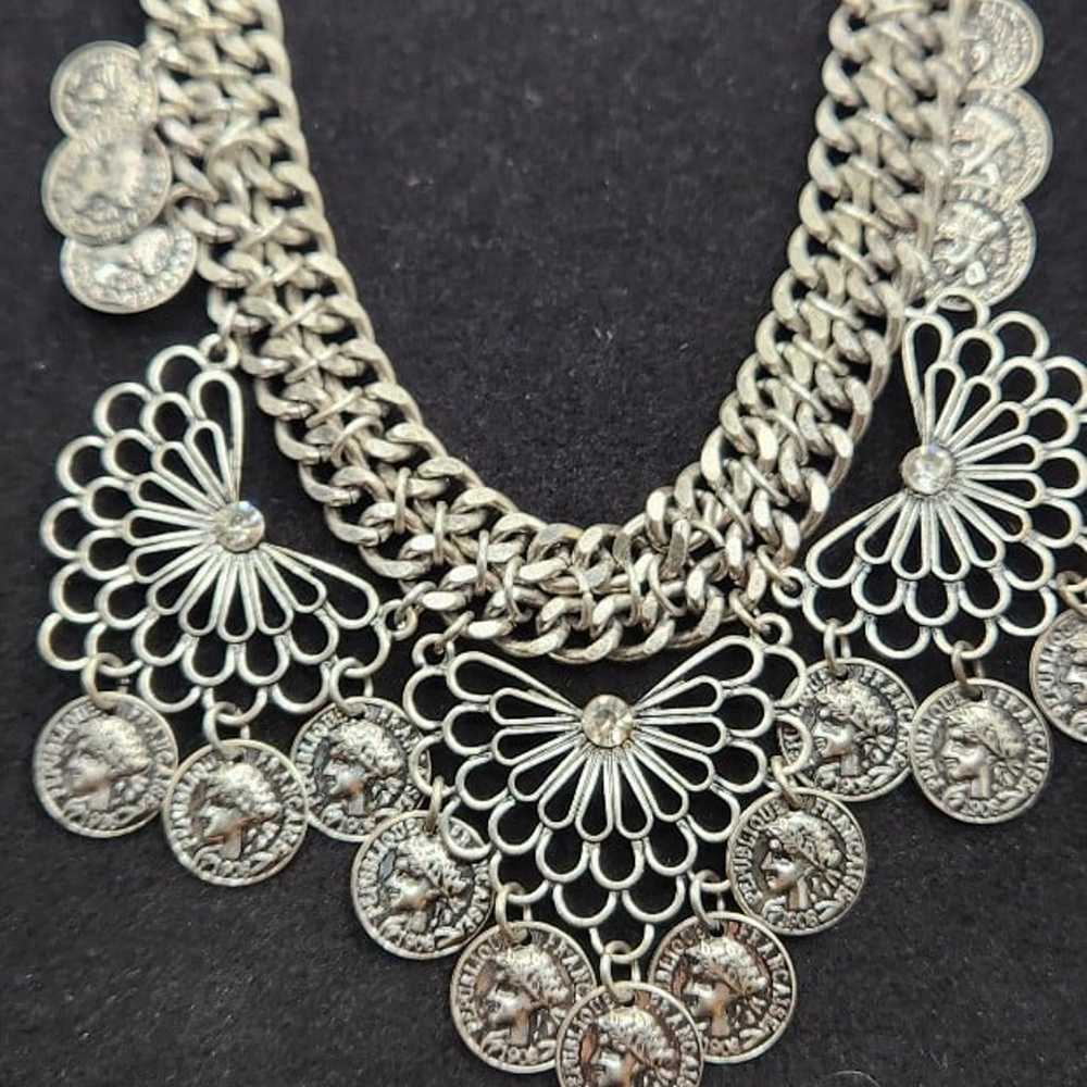 Vintage coin bib statement necklace silver tone b… - image 1