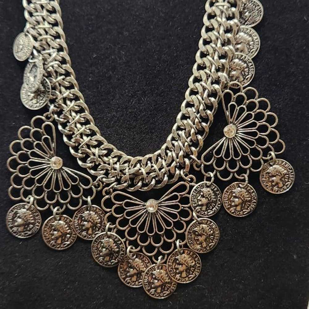 Vintage coin bib statement necklace silver tone b… - image 2