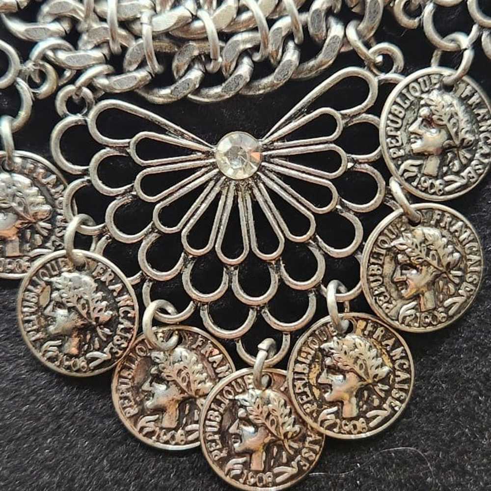 Vintage coin bib statement necklace silver tone b… - image 3