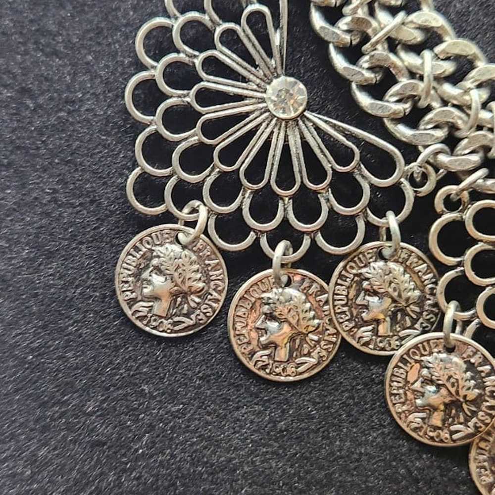 Vintage coin bib statement necklace silver tone b… - image 4