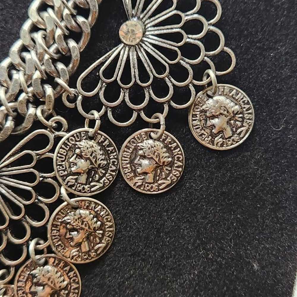 Vintage coin bib statement necklace silver tone b… - image 5