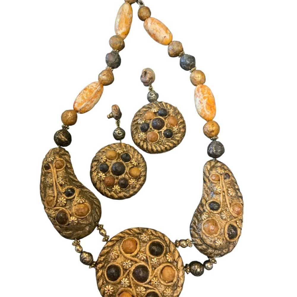 Vintage 1980 Necklace Earrings Set Paper Mache - image 2