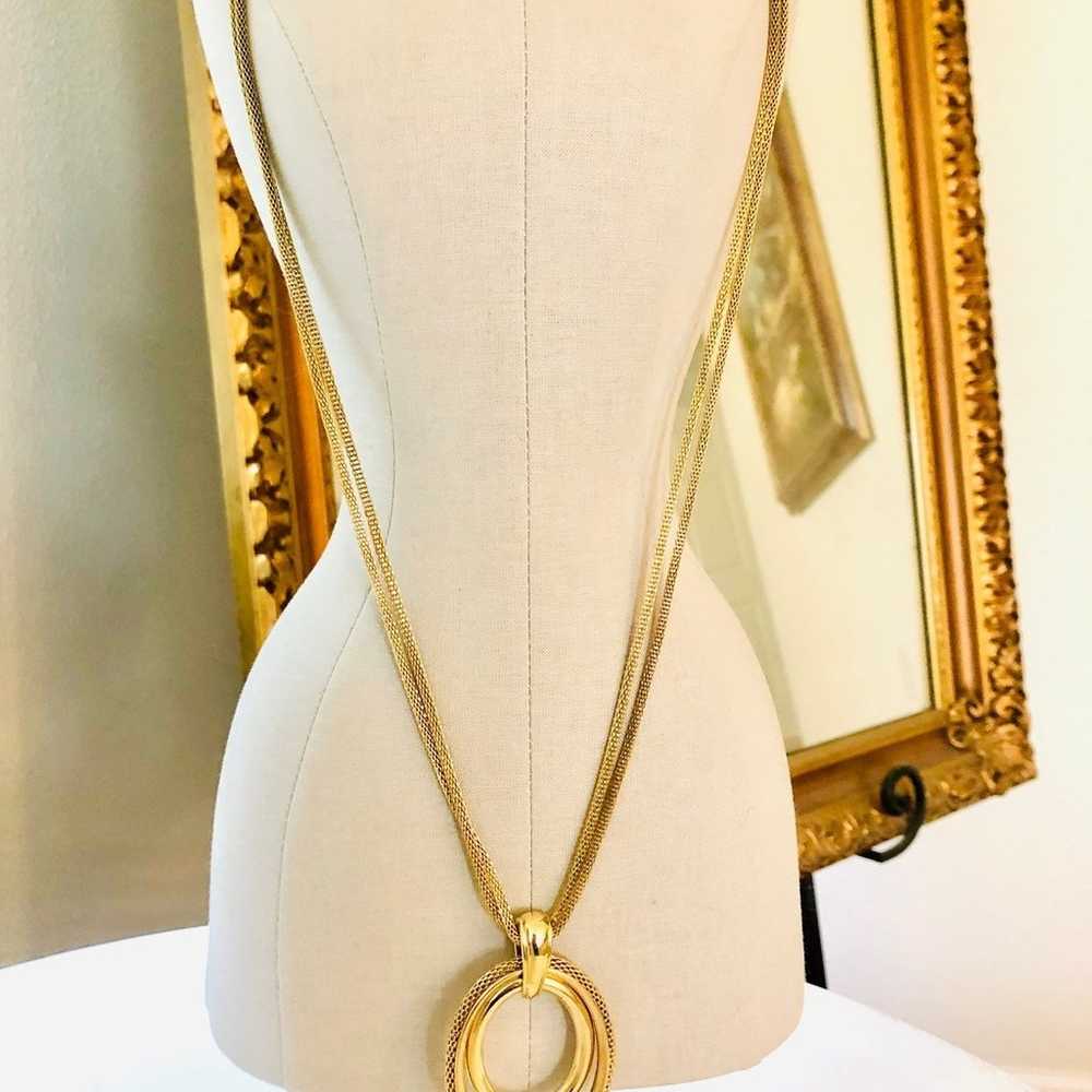 Vintage Gold Tone Mesh Double Pendant Necklace - image 2