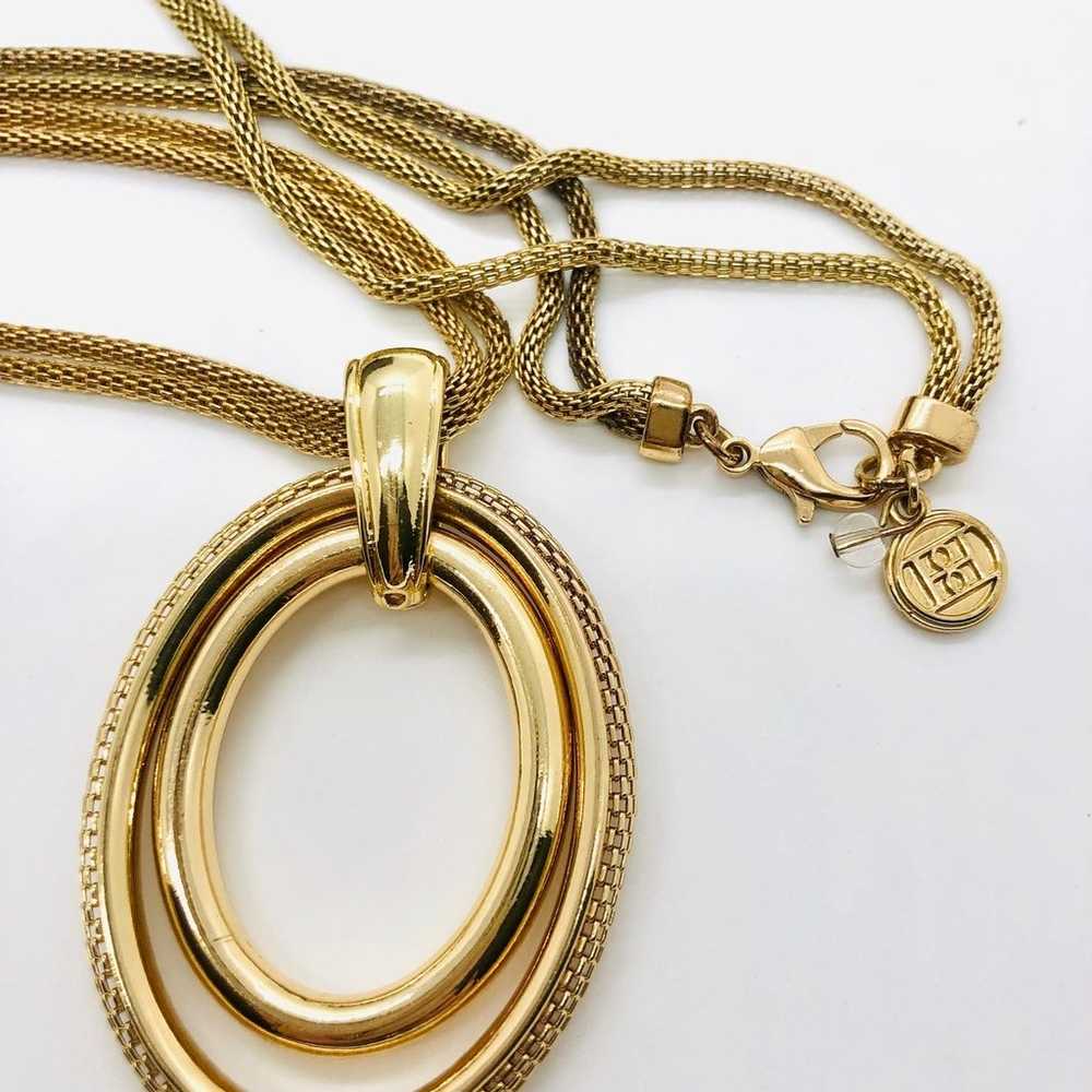 Vintage Gold Tone Mesh Double Pendant Necklace - image 8