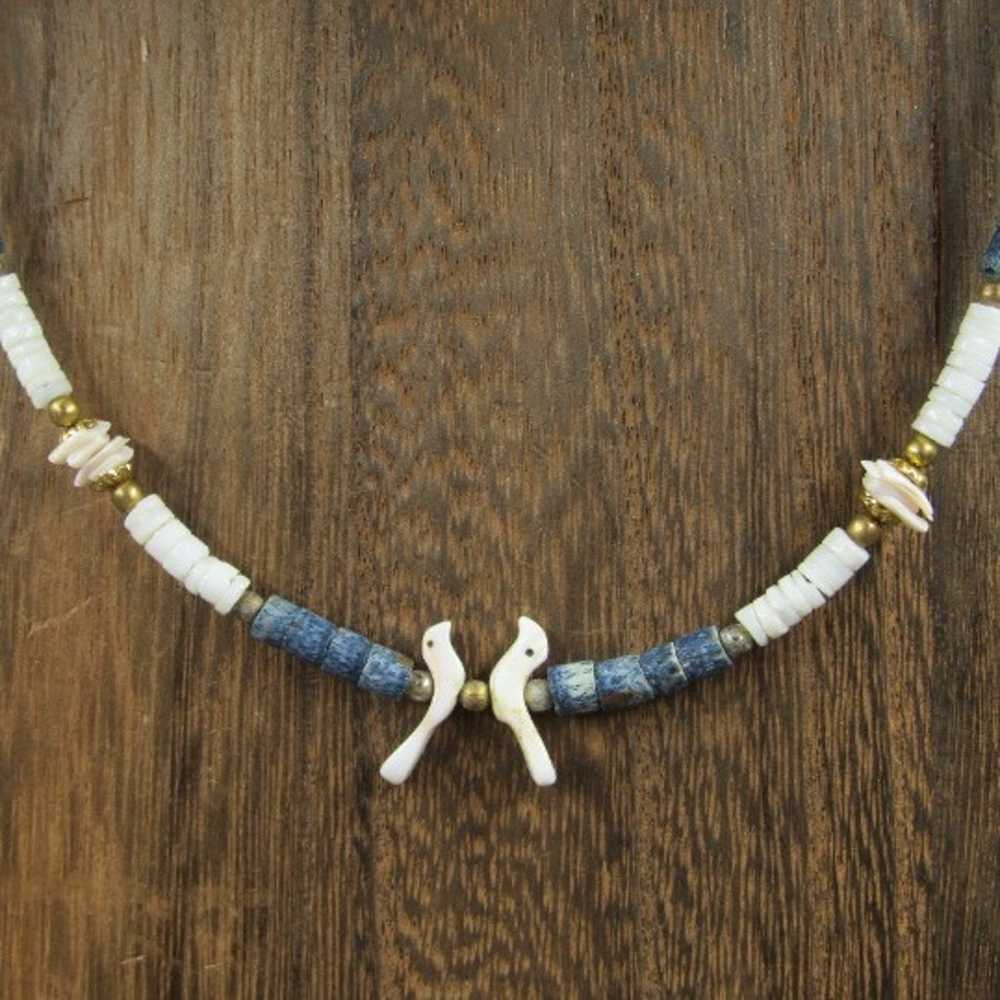 16" Shell Birds & Blue Wood Costume Necklace Vint… - image 1