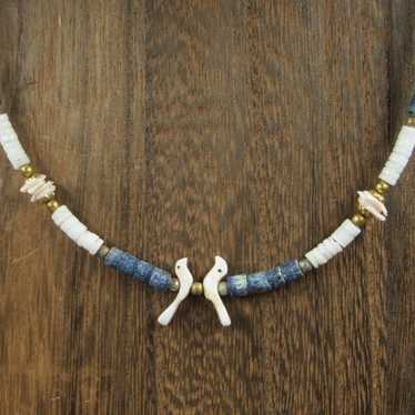 16" Shell Birds & Blue Wood Costume Necklace Vint… - image 1